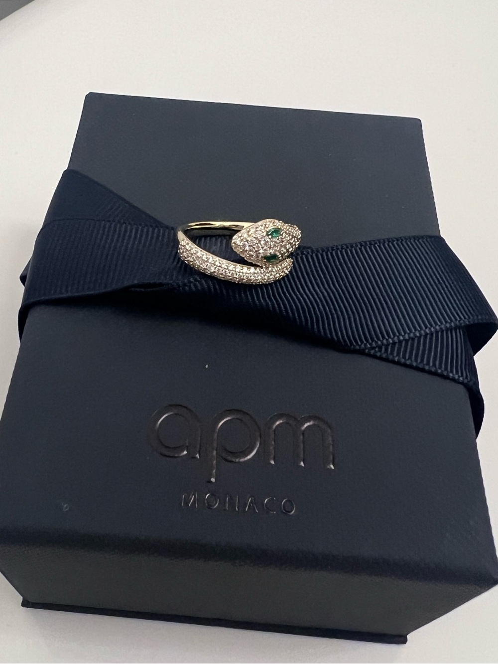 APM Monaco Pave Snake Wrap Ring with Green Stone Eyes